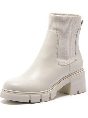 Women's Elastic Chelsea Boots Chunky Block Heel Platform Lug Sole Cream